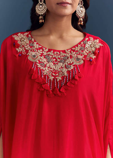 Red Chinon Cape Top And Palazzo Set With Zardosi Work