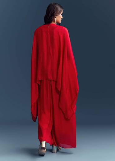 Red Chinon Cape Top And Palazzo Set With Zardosi Work