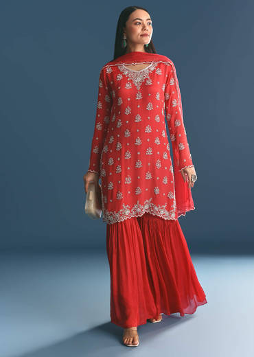 Red Chinon Kurta Sharara Suit With Moti And Cutdana Work