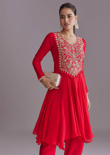 Red Chinon Peplum Kurta Set With Zardosi Work
