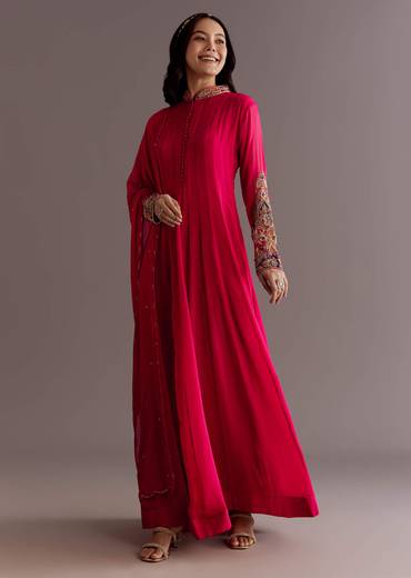 Red Chinon Zardosi Anarkali Suit With Cutdana Dupatta