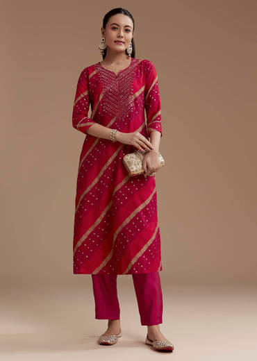 Red Cotton Silk Foil Mirror Kurta Set