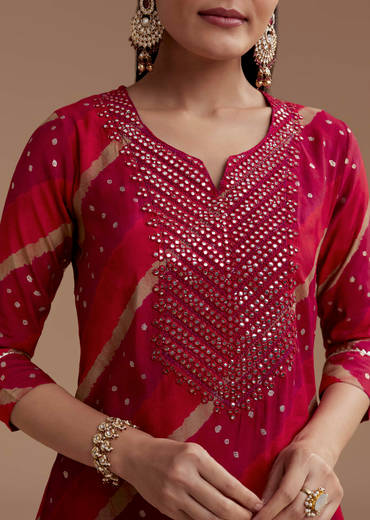 Red Cotton Silk Foil Mirror Kurta Set