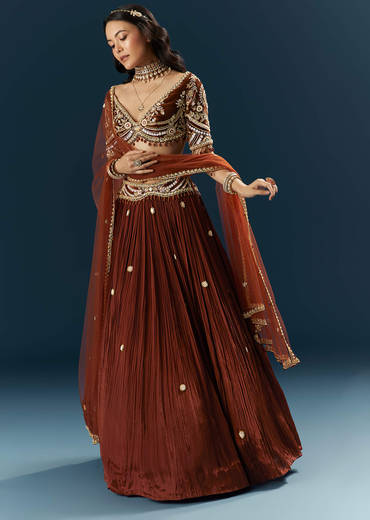 Red Crepe Bridesmaid Lehenga With Sequins And Stone Embroidery