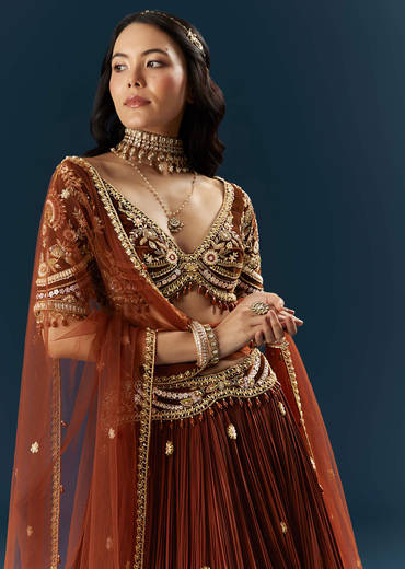 Red Crepe Bridesmaid Lehenga With Sequins And Stone Embroidery