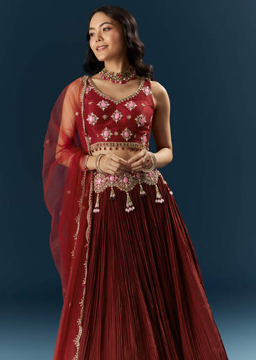Red Crepe Bridesmaid Lehenga With Stone Work