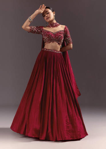 Red Crepe Hand Embroidered Lehenga Set With Dupatta