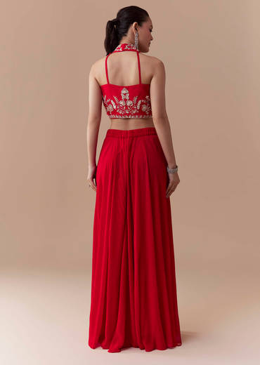 Red Crop Top Silk Palazzo Set with Cudtana Embroidery