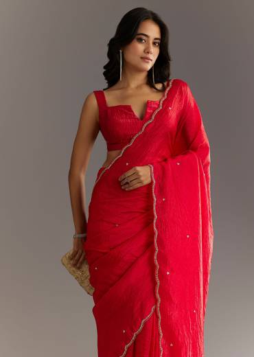 Red Crushed Tissue Embroidered Saree With Cutdana And Sequin Work