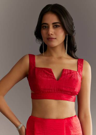 Red Crushed Tissue Embroidered Saree With Cutdana And Sequin Work