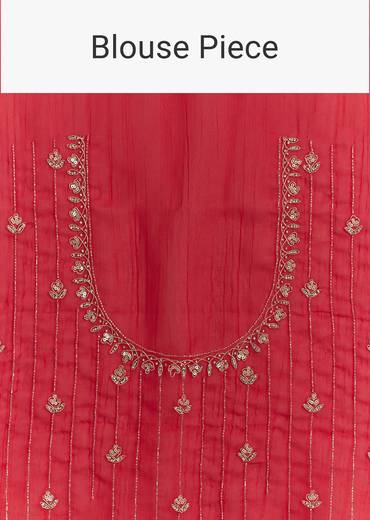 Red Crushed Tissue Embroidered Saree With Scallop Border