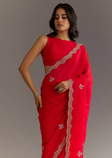 Red Crushed Tissue Embroidered Saree With Scallop Border