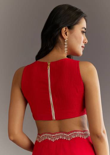 Red Crushed Tissue Embroidered Saree With Scallop Border