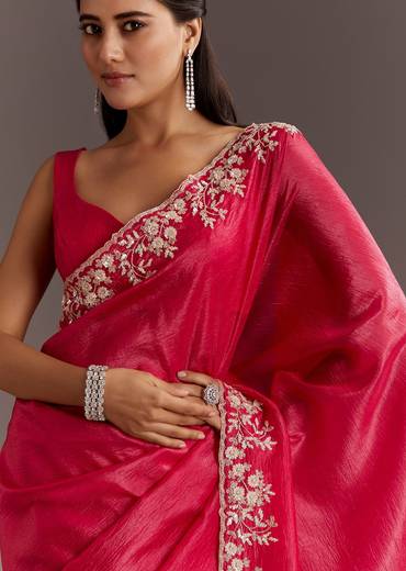 Red Crushed Tissue Saree With Floral Embroidery And Scallop Border