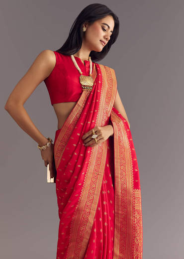 Red Dola Silk Butti Work Saree With Zari Border
