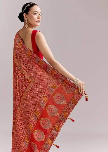 Red Dola Silk Handloom Banarasi Brocade Saree With Floral Jaal