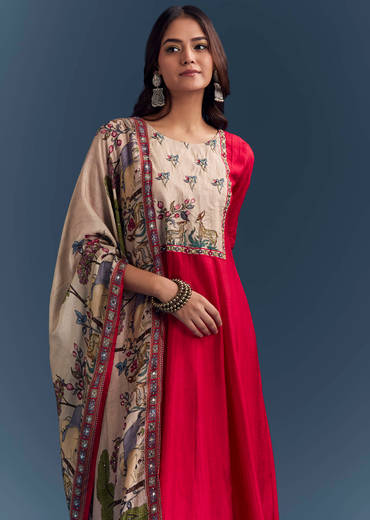 Red Dola Silk Printed Anarkali Suit With Intricate Hand Embroidery