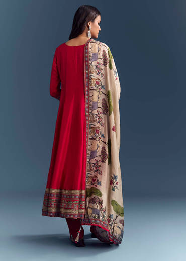 Red Dola Silk Printed Anarkali Suit With Intricate Hand Embroidery