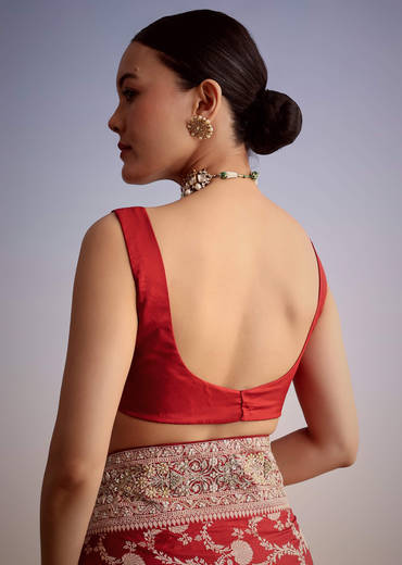 Red Dola Silk Saree With Floral Jaal Work