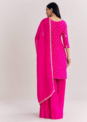 Pink Dola Silk Sharara Suit With Embroidered Print