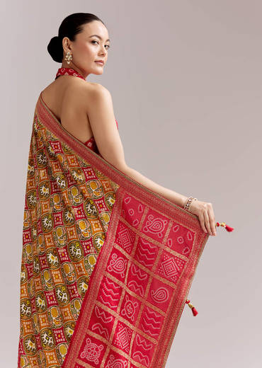 Red Dola Silk Woven Bandhani Saree With Gotapatti Detailing