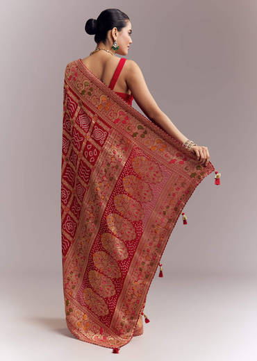 Red Dola Silk Woven Saree With Bandhani And Floral Work