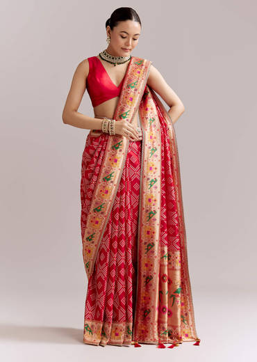 Red Dola Silk Woven Saree With Bandhani Motifs And Zari Border