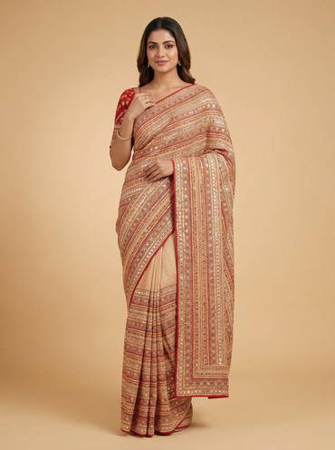 Red Driven Embroidered Saree