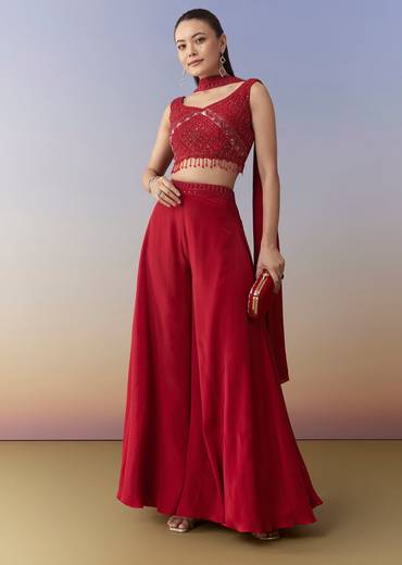 Red Embellished Indo Western Crop Top Palazzo Set