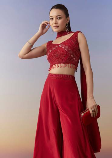 Red Embellished Indo Western Crop Top Palazzo Set