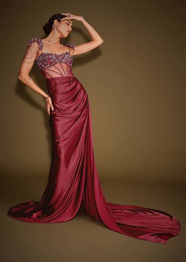 Red Embroidered Corset Gown With Attached Tassel Cape
