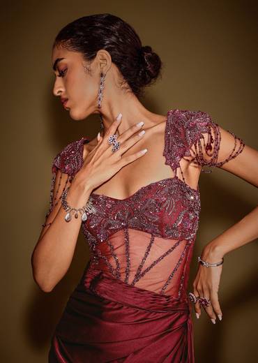 Red Embroidered Corset Gown With Attached Tassel Cape