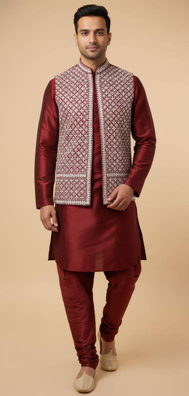 Red Festive Jacket Kurta Set
