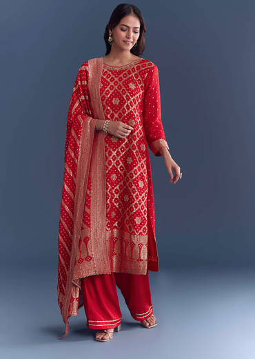 Red Georgette Kurta Set With Bandhani Print And Jacquard Weave