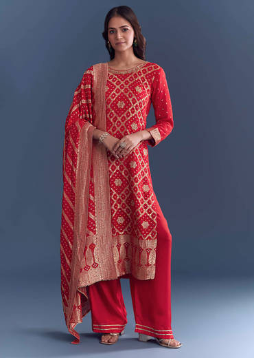 Red Georgette Kurta Set With Bandhani Print And Jacquard Weave