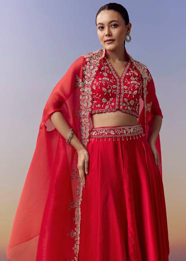 Red Indo Western Crop Top Skirt Set With Cut Dana Work And Embroidered Cape