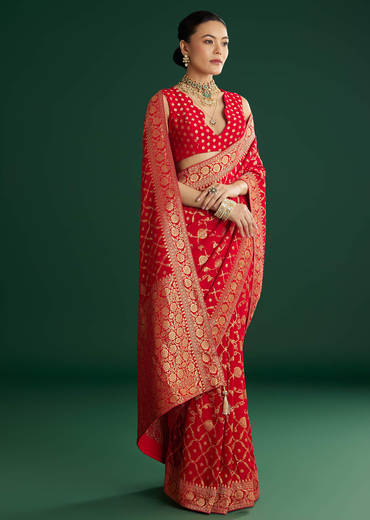 Red Jaal Work Saree With Floral Border And Pallu