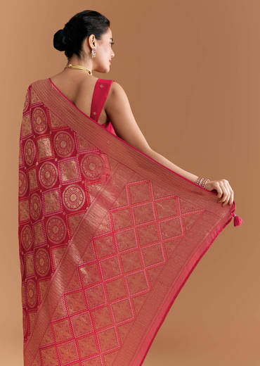 Red Khadhi Georgette Saree With Geometric Motifs In Zari Work