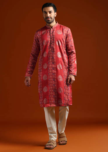 Red Kurta Set For Men With Ethnic Motif Work