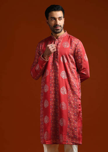 Red Kurta Set For Men With Ethnic Motif Work