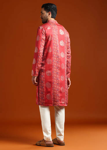 Red Kurta Set For Men With Ethnic Motif Work