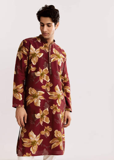 Red Maroon Silk Kurta Set With Floral Print