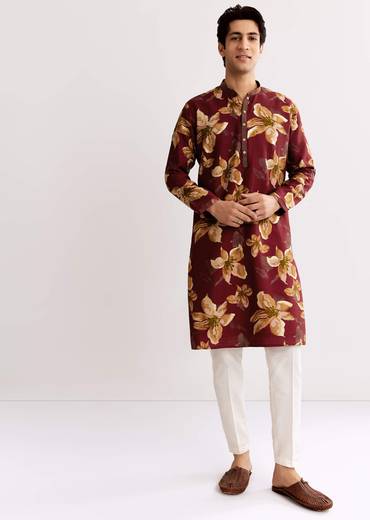 Red Maroon Silk Kurta Set With Floral Print