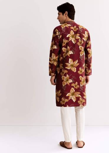 Red Maroon Silk Kurta Set With Floral Print