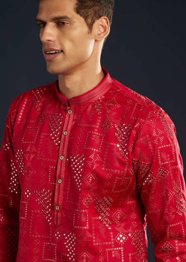 Red Mens Silk Abla Work Kurta Set