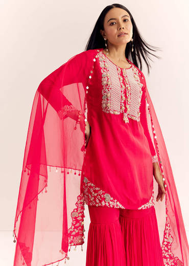 Red Moti Threadwork Dola Silk Sharara Suit With Organza Dupatta