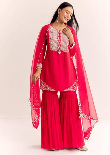 Red Moti Threadwork Dola Silk Sharara Suit With Organza Dupatta