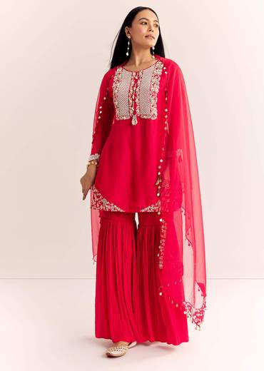 Red Moti Threadwork Dola Silk Sharara Suit With Organza Dupatta