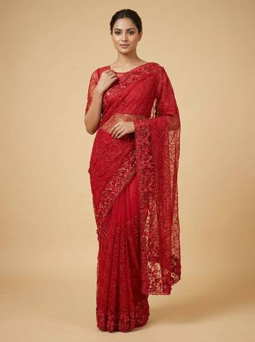 Red Notable Embroidered Saree