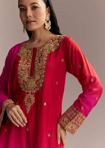 Red Ombre Silk Anarkali Suit With Zari Work